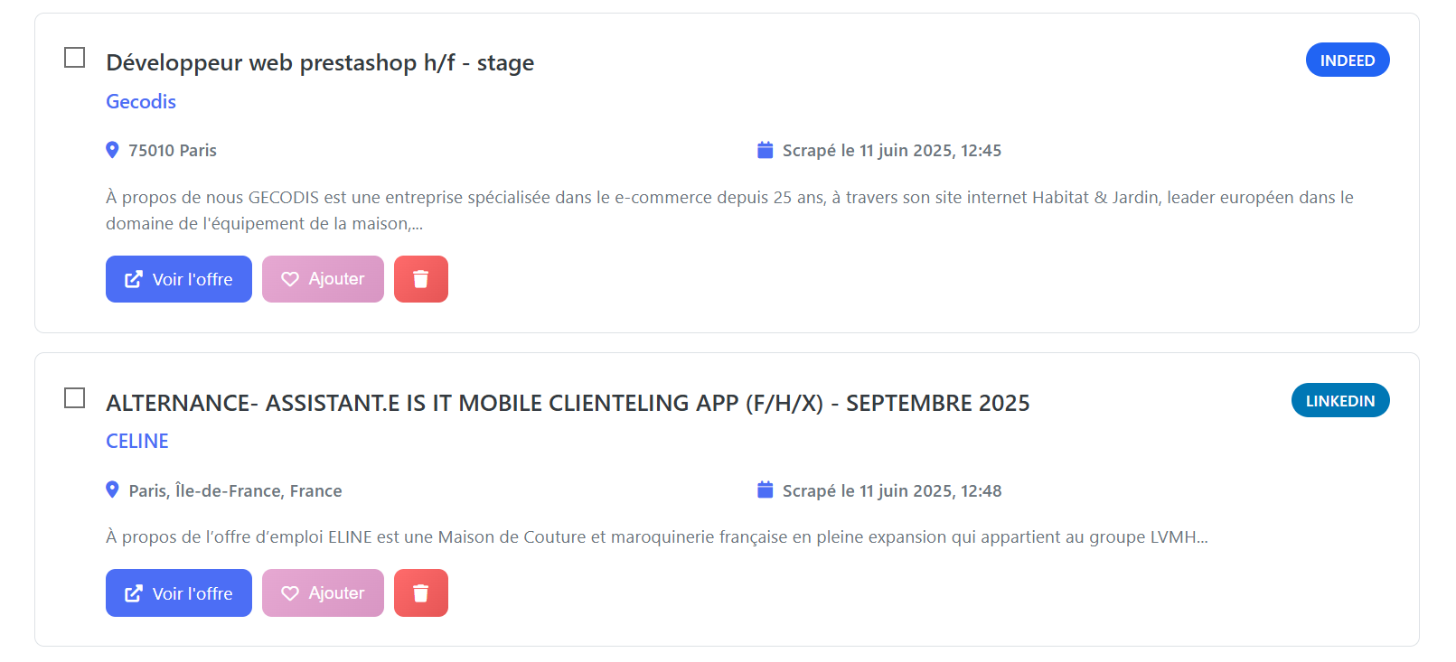 Visualisation des offres sauvegardées